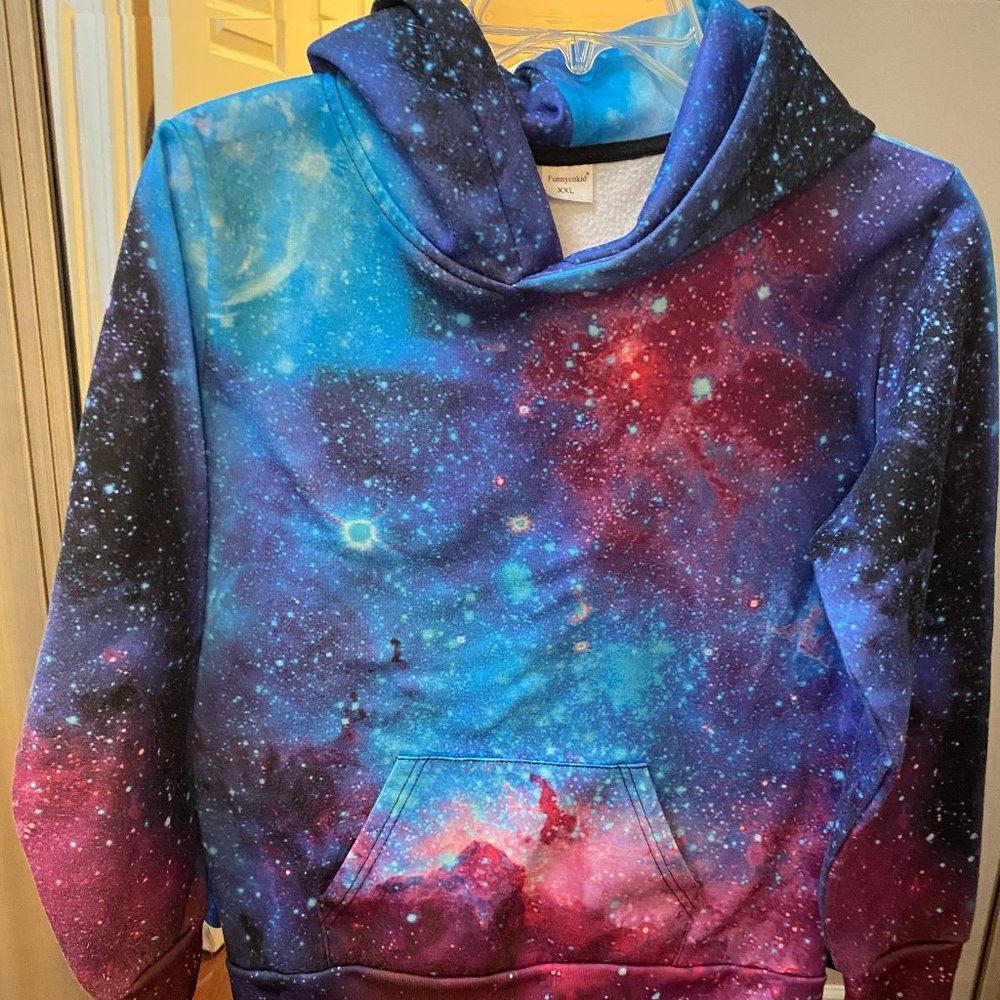 FUNNYCOKID PURPLE, RED & BLUE SPACE KIDS HOODIE SIZE XXL